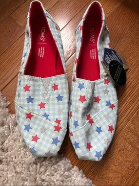 TOMS Alpargata white gingham glow in the dark glitter star print shoes